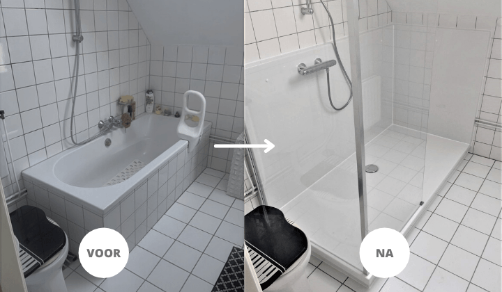 Voor en na foto van badkamer met bad en met inloopdouche