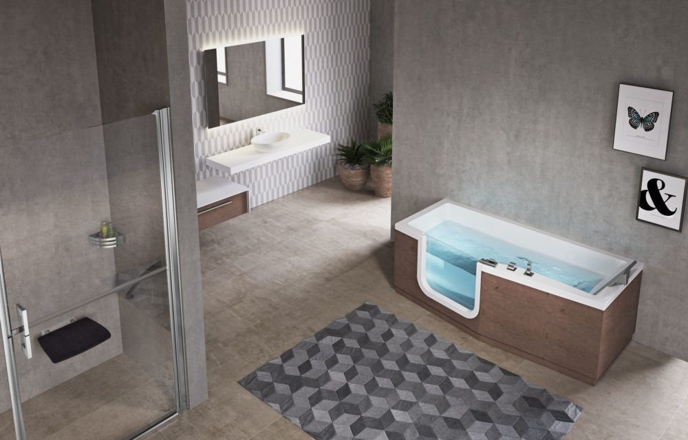 Bad met deur in modern design, ook in te zetten als bad douche combinatie
